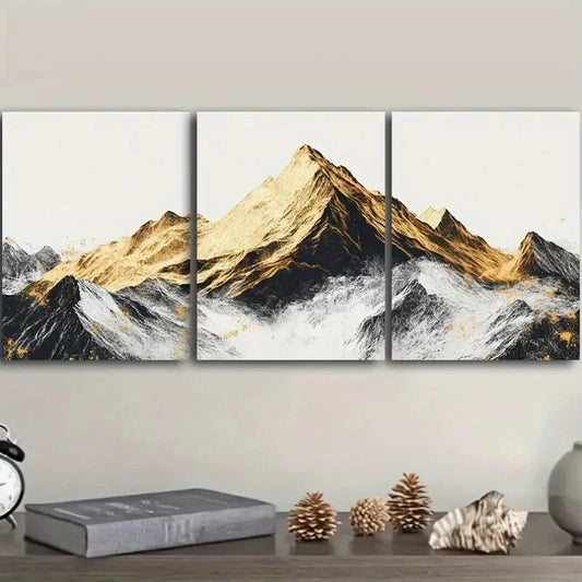 3pcs Golden and Silver Mountains, Art Metal Print Ready to Hang Art