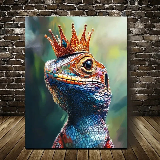 Beautiful Vibrant Crowned Lizard Painting 40x60cm Metal Print Ready to Hang - Bella Home Decor