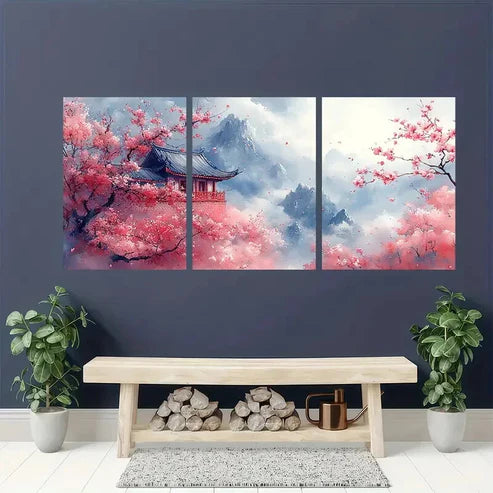 3pcs Pink Blooming Sakura Trees East Wall Art Set Canvas Unframed - High Quality Print 100% Australian Made Wall Canvas
