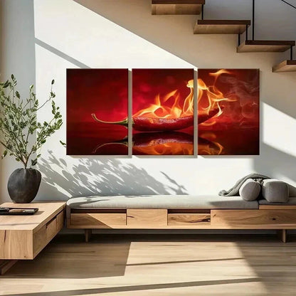 3pcs Vibrant Burning Chili Pepper Wall Art Set Canvas Framed 40x60cm - High Quality Print 100% Australian Made Wall Canvas Ready to Hang - Bella Home Decor