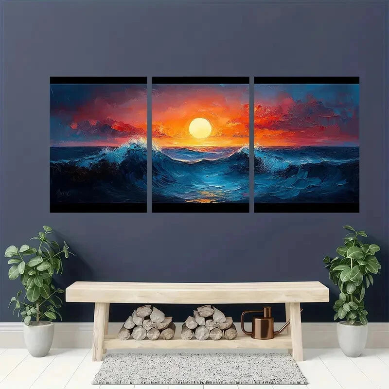 3pcs Sunset Ocean Wave with Black Frames Metal Print Ready to Hang Art - Bella Home Decor