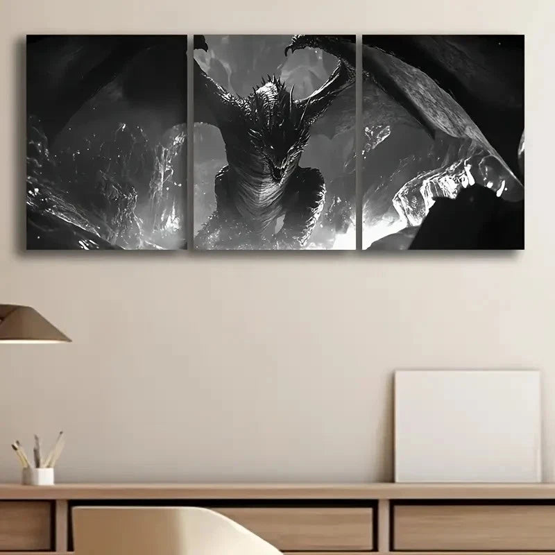 3pcs Black Dragon Wings Painting Metal Print Ready to Hang Art - Bella Home Decor