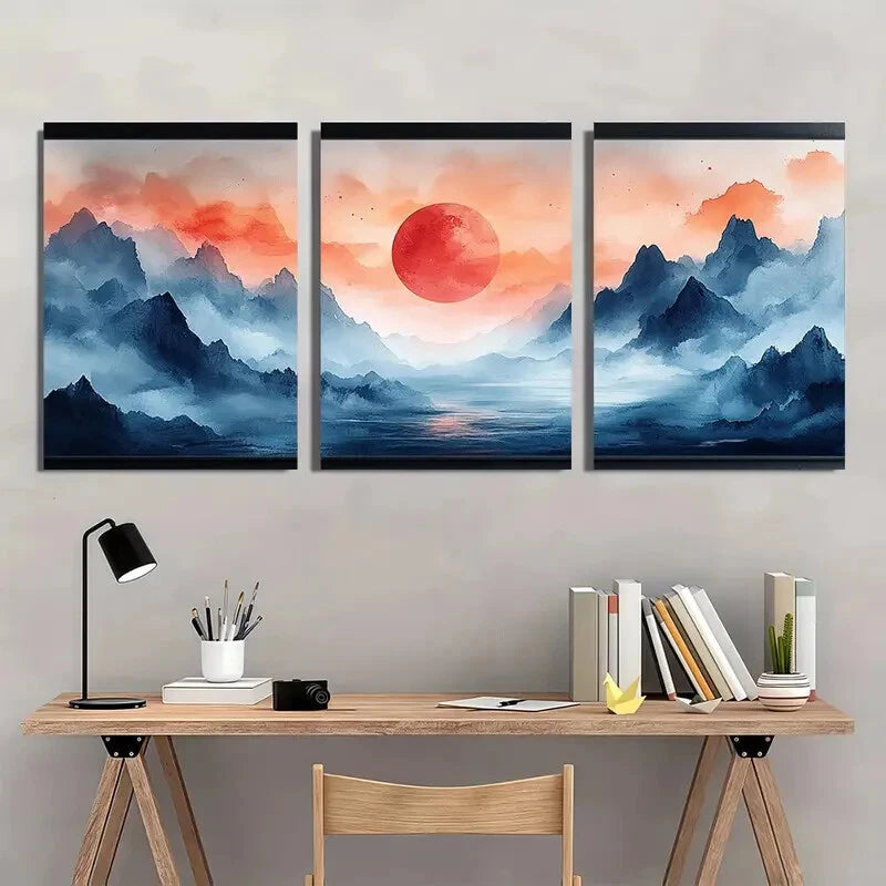 3pcs Abstract Landscape Illustration Watercolor Metal Print Ready to Hang Art - Bella Home Decor