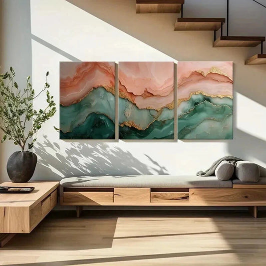 3pcs Teal and Pink with Golden Layered Abstract Wall Art Set Canvas Framed 40x60cm - High Quality Print 100% Australian Made Wall Canvas Ready to Hang