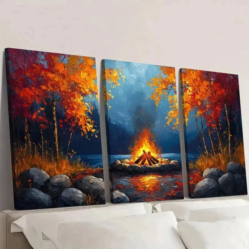 3pcs Cozy Campfire Painting Bold Tones SA  Wall Art Set Canvas Framed 60x90cm - High Quality Print 100% Australian Made Wall Canvas Ready to Hang - Bella Home Decor