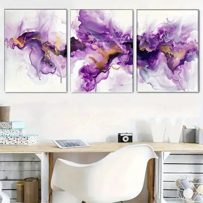 3pcs Purple And Golden Abstract Painting Metal Print Ready to Hang Art