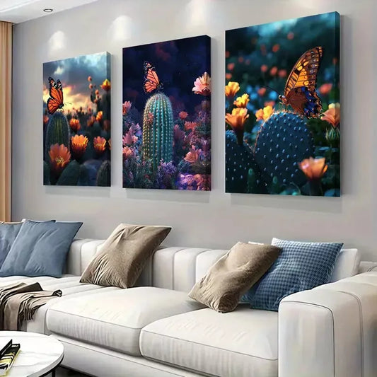 3pcs Romantic Desert Sea of Cactus Flowers Art Set Canvas Framed 50x70cm - High Quality Print 100% Australian Made Wall Canvas Ready to Hang
