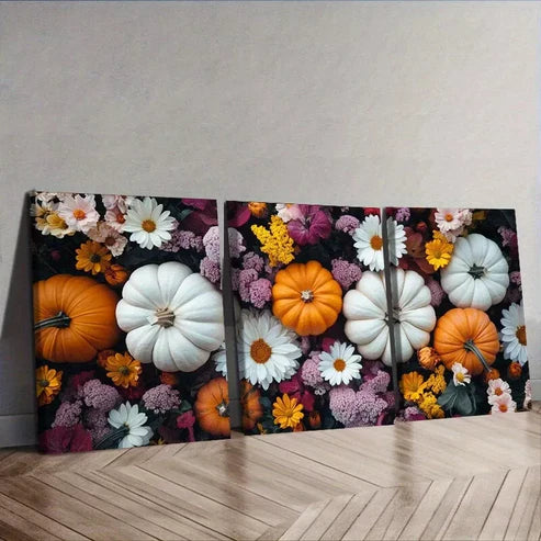 3 PCS Art Deco Style Pumpkin and Floral Wall Art Set Canvas Unframed - High Quality Print 100% Australian Made Wall Canvas