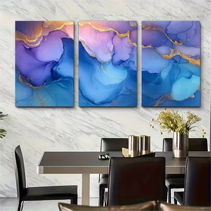3pcs Pastel Blue Purple Golden Marbling Metal Print Ready to Hang Art