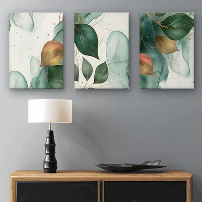 3pcs Abstract Botanical Green and Gold Leaves Wall Art Set Canvas Framed 50x70cm - High Quality Print 100% Australian Made Wall Canvas Ready to Hang