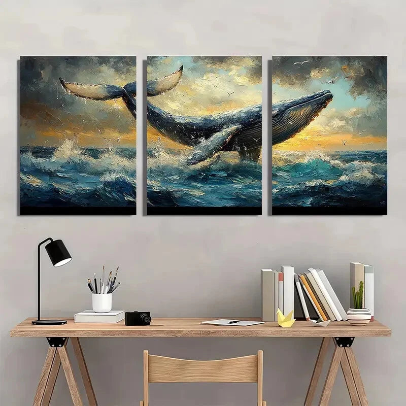 3pcs Whale Tail Painting Oil Landscape Metal Print Ready to Hang Art - Bella Home Decor