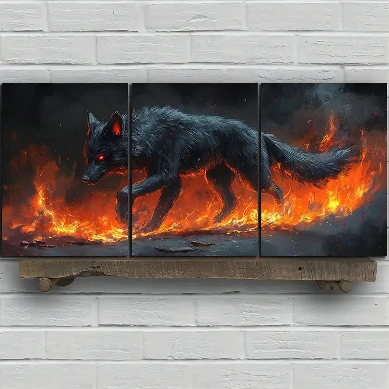 3pcs Wolf Fire Stunning Golden Eyes Metal Print Ready to Hang Art - Bella Home Decor