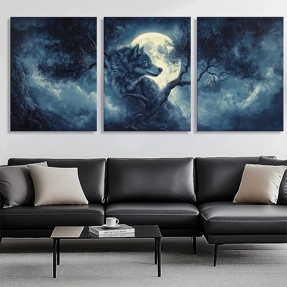 3pcs Majestic Wolf Under the Full Moon Metal Print Ready to Hang Art