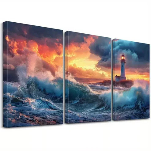 3pcs Aesthetic Landscape Lighthouse & Ocean   Art Set Canvas Unframed - High Quality Print 100% Australian Made Wall Canvas - Bella Home Decor