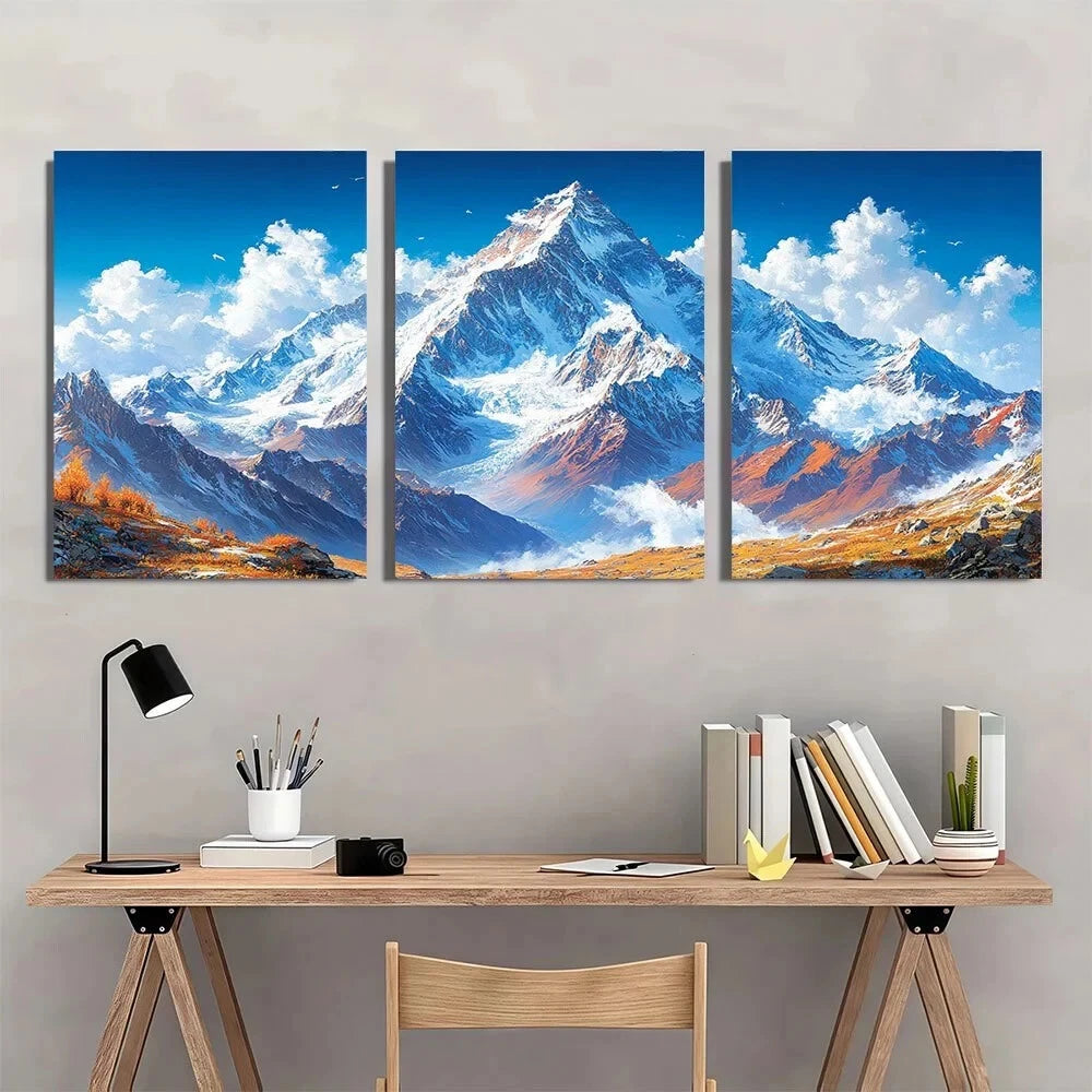 3pcs Vibrant Snow Capped Peaks & Blue Sky Metal Print Ready to Hang Art - Bella Home Decor