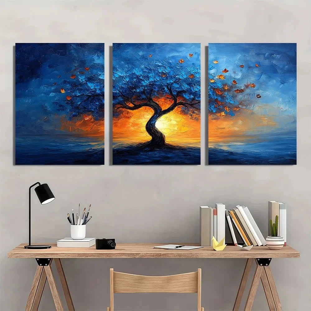 3pcs Blue Tree Modern Abstract Painting Metal Print Ready to Hang Art - Bella Home Decor