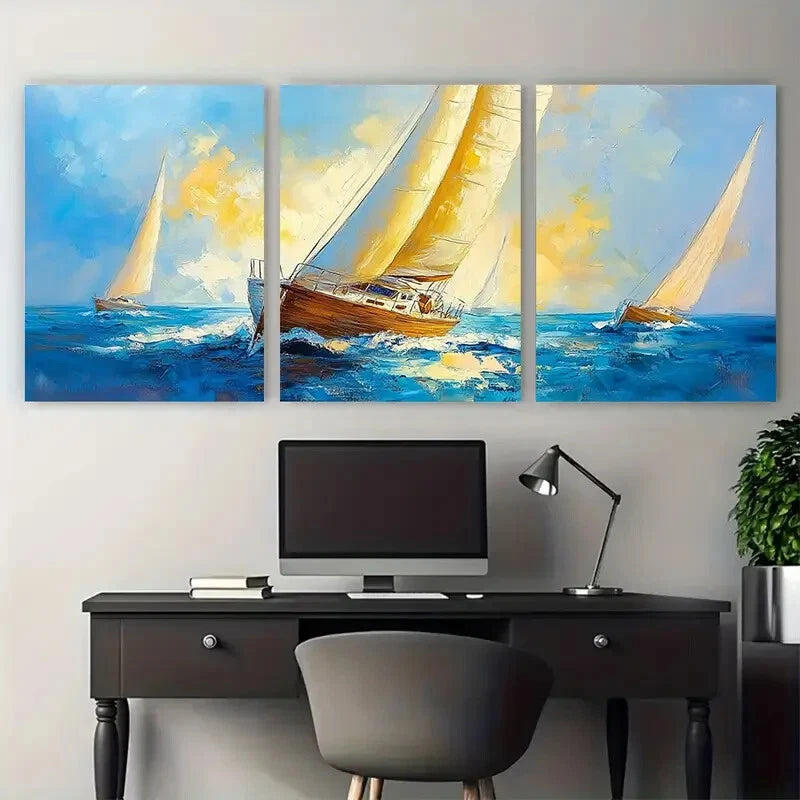 3pcs Sailboat Seascape Illustration Metal Print Ready to Hang Art - Bella Home Decor