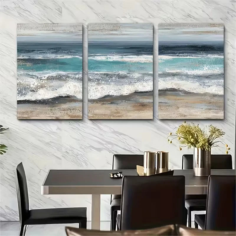 3pcs Blue & Golden Neutral Nautical Sea View Metal Print Ready to Hang Art - Bella Home Decor