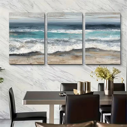 3pcs Blue & Golden Neutral Nautical Sea View Metal Print Ready to Hang Art - Bella Home Decor