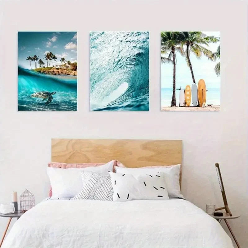 3pcs Sea Turtles in Waves Palm Trees Metal Print Ready to Hang Art