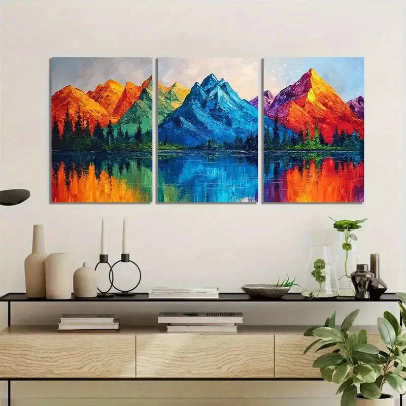 3pcs Colorful Mountain Range with Lake Reflections Metal Print Ready to Hang Art - Bella Home Decor