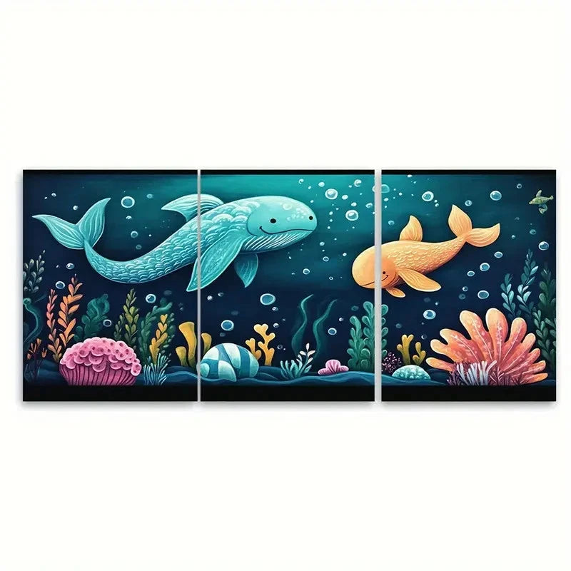 3pcs Under the Sea Nursery Illustration Wall Art Set Canvas Framed 50x70cm - High Quality Print 100% Australian Made Wall Canvas Ready to Hang