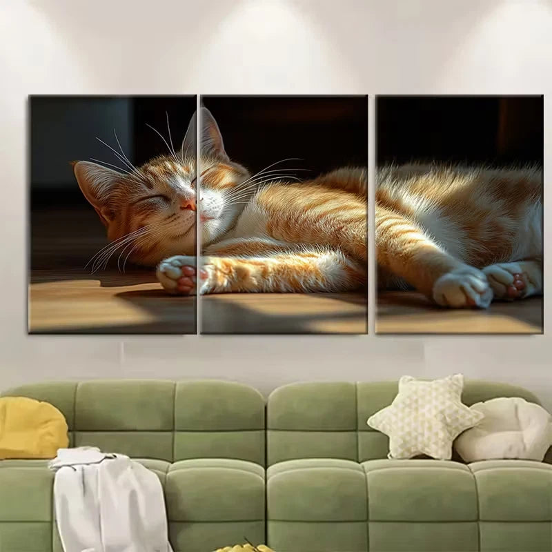 3pcs Cat Relaxing in Golden Sun on Wooden Floor Metal Print Ready to Hang Art - Bella Home Decor