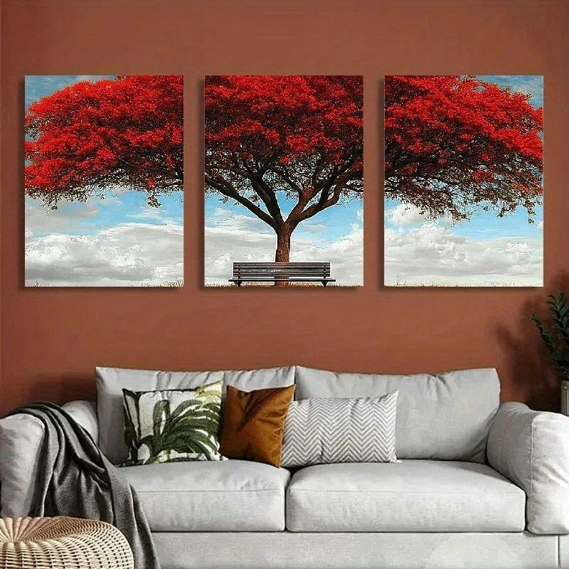3pcs Classic Pine Red Modern Tree Metal Print Ready to Hang Art - Bella Home Decor