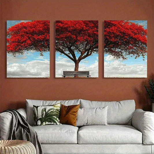 3pcs Classic Pine Red Modern Tree Metal Print Ready to Hang Art - Bella Home Decor