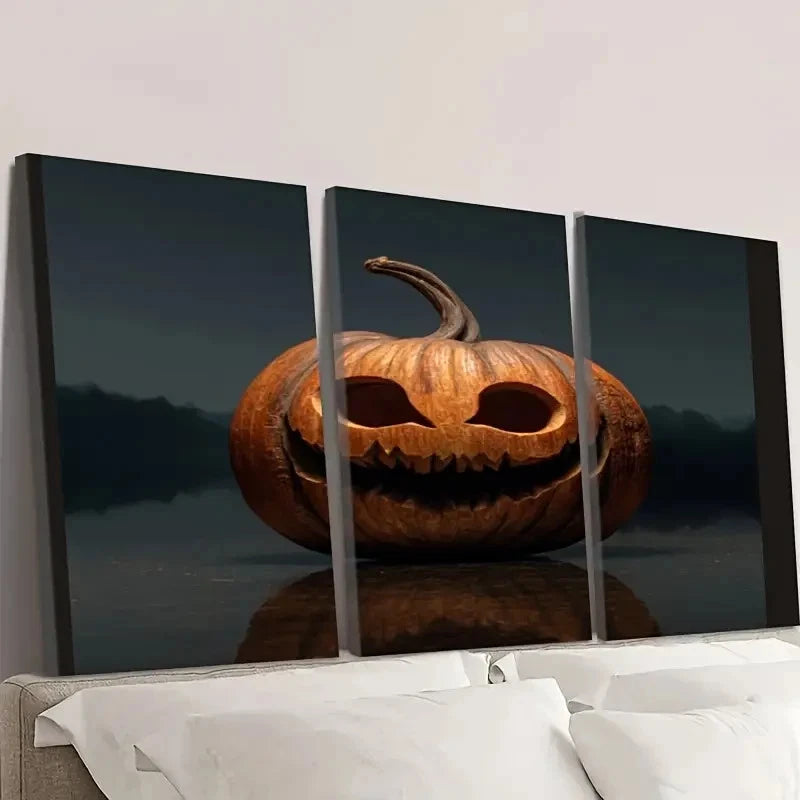 3pcs Pumpkin Lantern with Creepy   Wall Art Set Canvas Framed 60x90cm - High Quality Print 100% Australian Made Wall Canvas Ready to Hang
