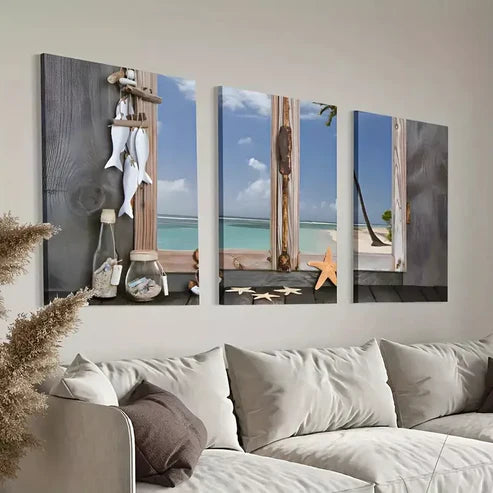 3pcs Beach Starfish Seashells Canvas Unframed - High Quality Print 100% Australian Made Wall Canvas - Bella Home Decor