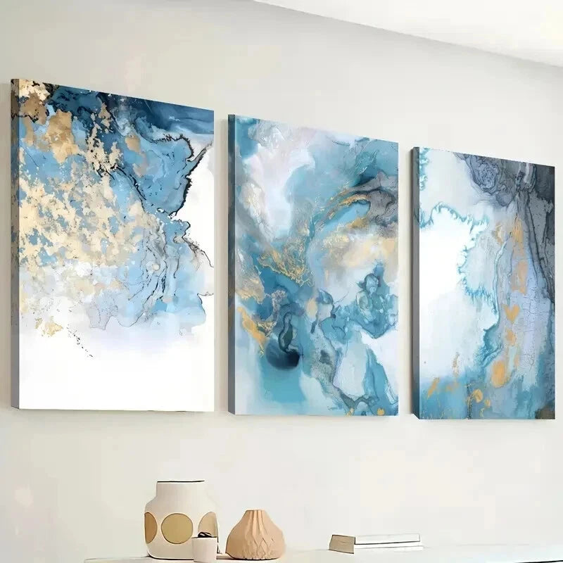 3pcs Nordic Blue & Golden Abstract Prints Wall Art Set Canvas Framed 40x60cm - High Quality Print 100% Australian Made Wall Canvas Ready to Hang - Bella Home Decor