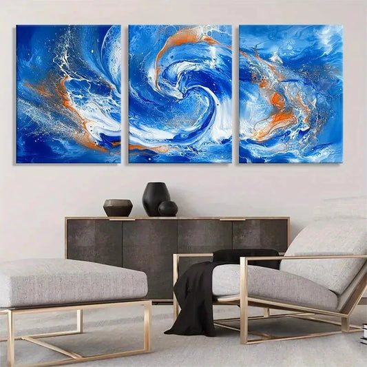 3pcs Abstract Ocean Wave Blue Swirl Fluid Metal Print Ready to Hang Art