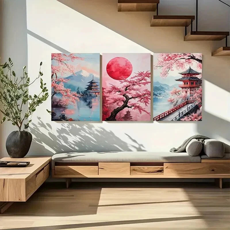 3pcs Mount Fuji Sakura Blossom Red Sunset in Japan Metal Print Ready to Hang Art - Bella Home Decor