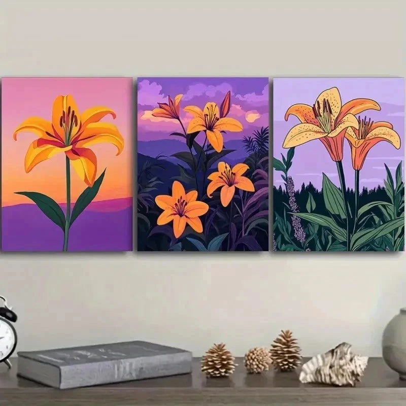 3pcs Paintings Featuring Orange Lilies Wall Art Set Canvas Framed 50x70cm - High Quality Print 100% Australian Made Wall Canvas Ready to Hang