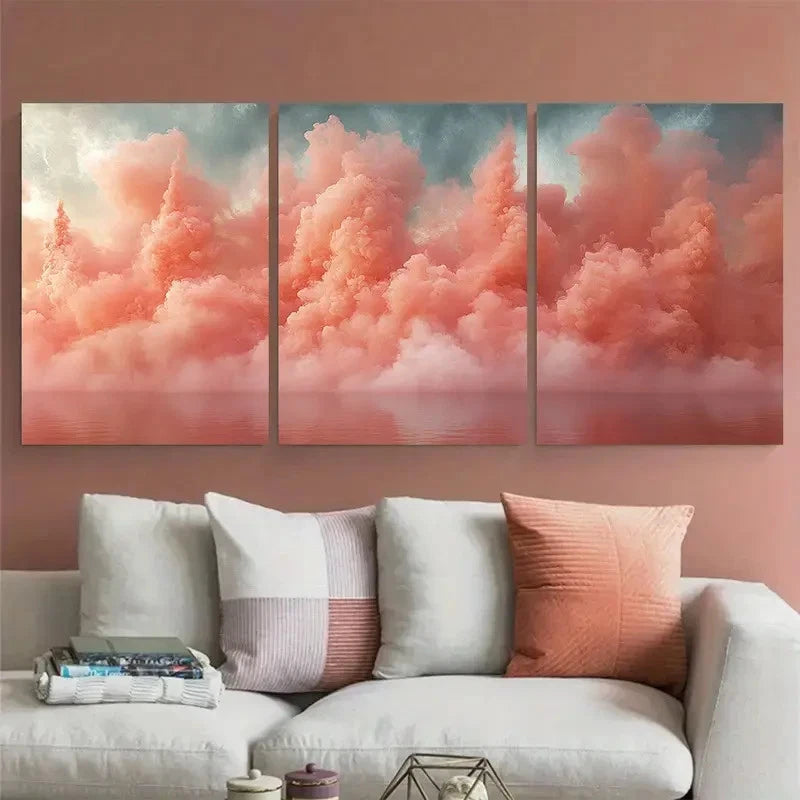 3pcs Pastel Coral Pink Abstract Smoke Explosion Metal Print Ready to Hang Art - Bella Home Decor