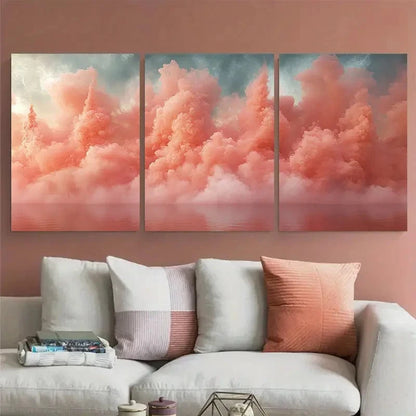 3pcs Pastel Coral Pink Abstract Smoke Explosion Metal Print Ready to Hang Art - Bella Home Decor