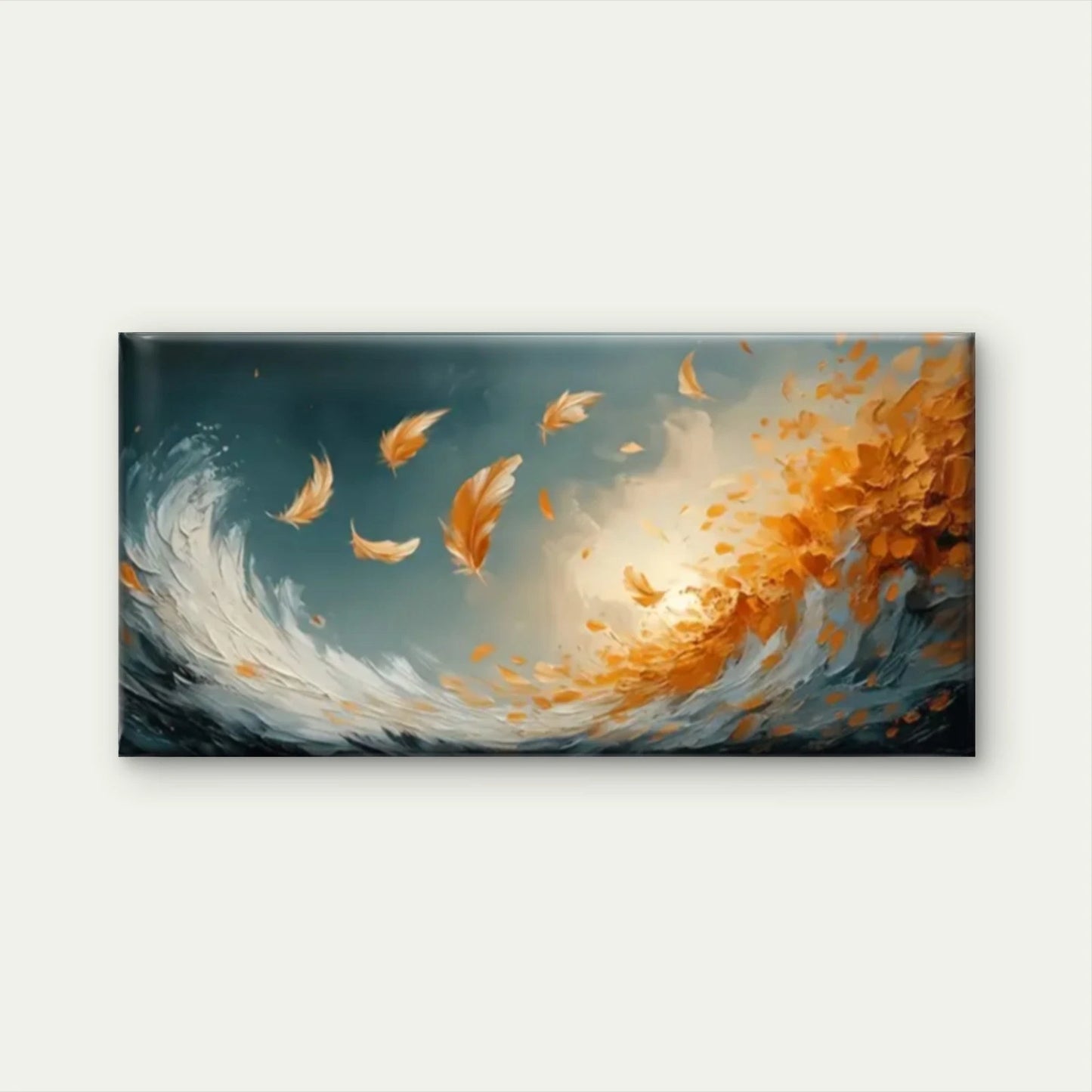 Waves Orange Feathers Wall Art Canvas Office Home Room Framed 120x60cm