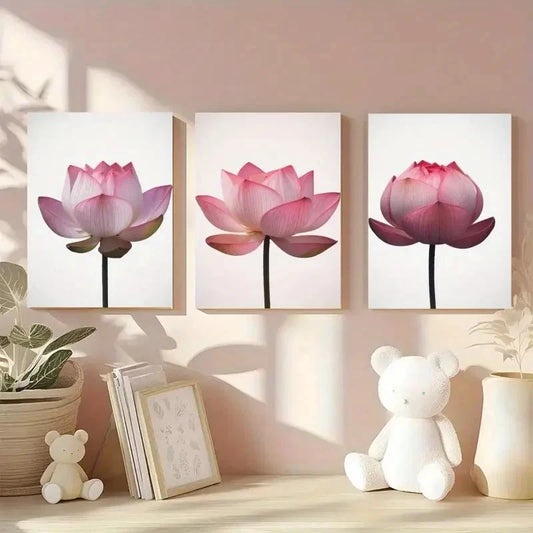 3pcs Lotus Pink & White Botanical Wall Art Set Canvas Framed 60x90cm - High Quality Print 100% Australian Made Wall Canvas Ready to Hang