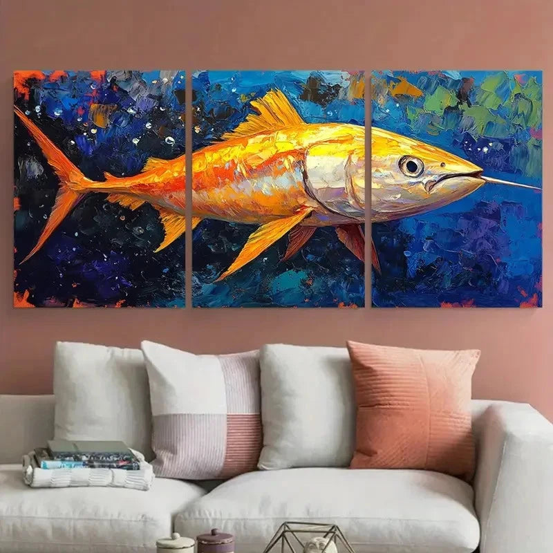3pcs Vibrant Fish with Blue & Orange Hues Metal Print Ready to Hang Art - Bella Home Decor