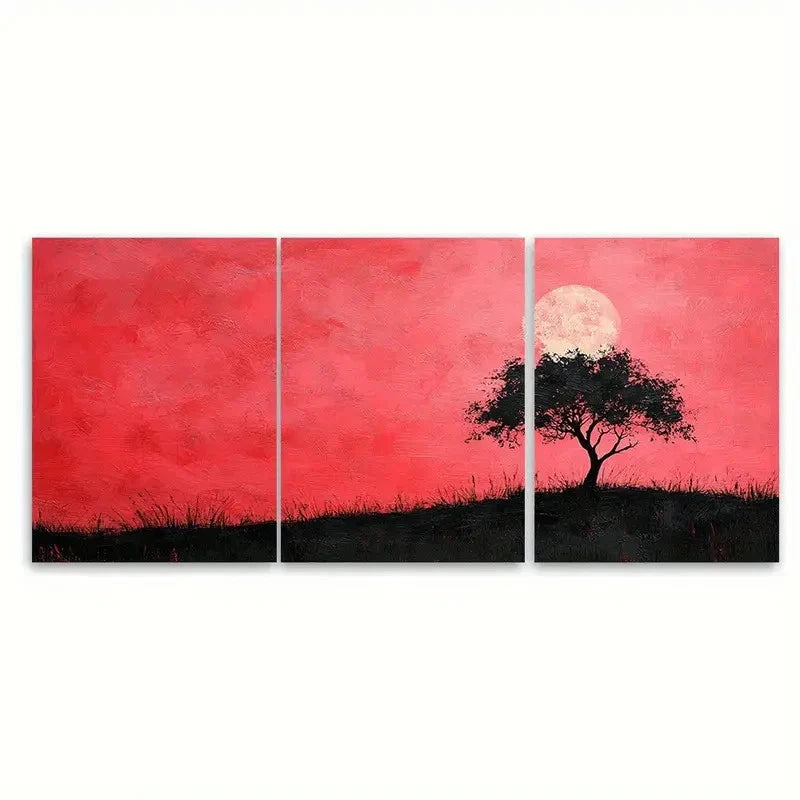 3pcs Pink Sky with Black Tree Silhouette RI  Wall Art Set Canvas Framed 50x70cm - High Quality Print 100% Australian Made Wall Canvas Ready to Hang