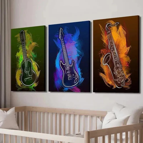 3pcs Abstract Guitar Saxophone Music Instrument Wall Art Set Canvas Unframed - High Quality Print 100% Australian Made Wall Canvas - Bella Home Decor