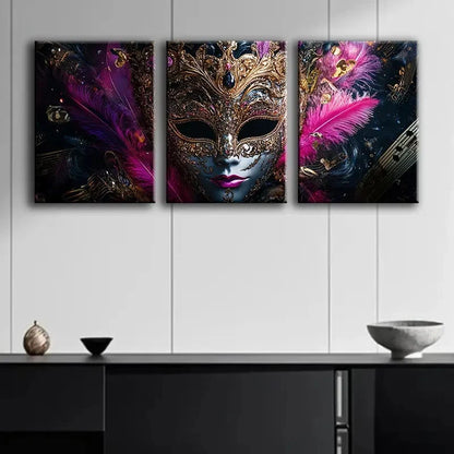 3pcs Gorgeous Venetian Masks Metal Print Ready to Hang Art - Bella Home Decor