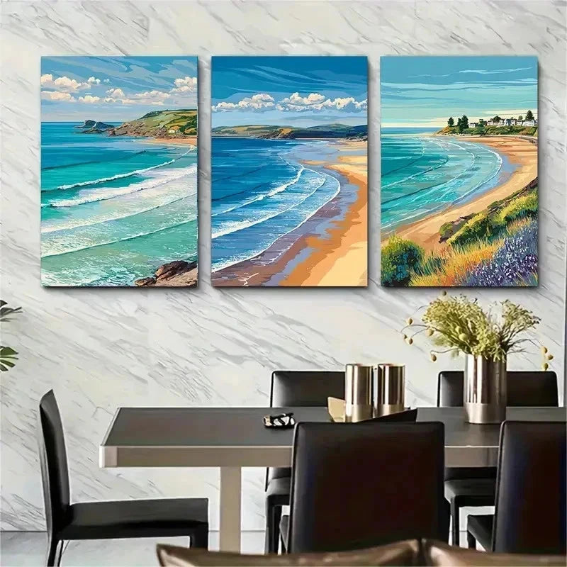 3pcs Woolacombe Coastal Decor Beach Perfect Wall Art Set Canvas Framed 50x70cm - High Quality Print 100% Australian Made Wall Canvas Ready to Hang