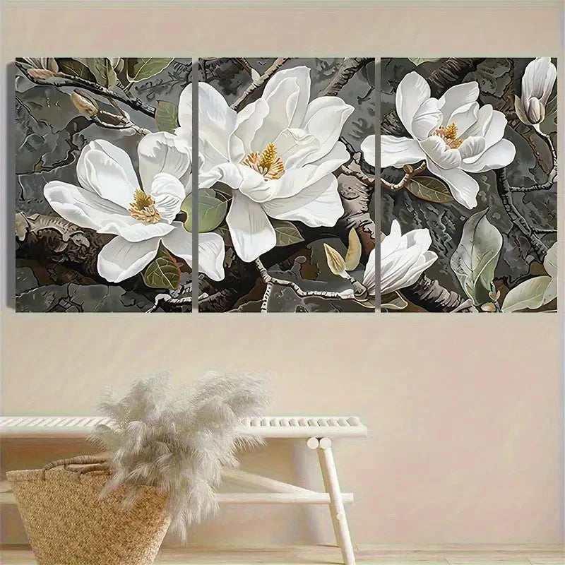 3pcs White Magnolia Triptych Wall Art Set Canvas Framed 50x70cm - High Quality Print 100% Australian Made Wall Canvas Ready to Hang - Bella Home Decor
