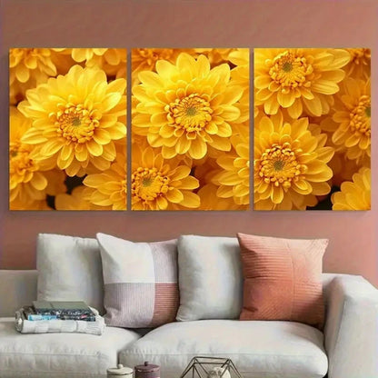 3pcs Vibrant Golden Yellow Chrysanthemum Metal Print Ready to Hang Art - Bella Home Decor
