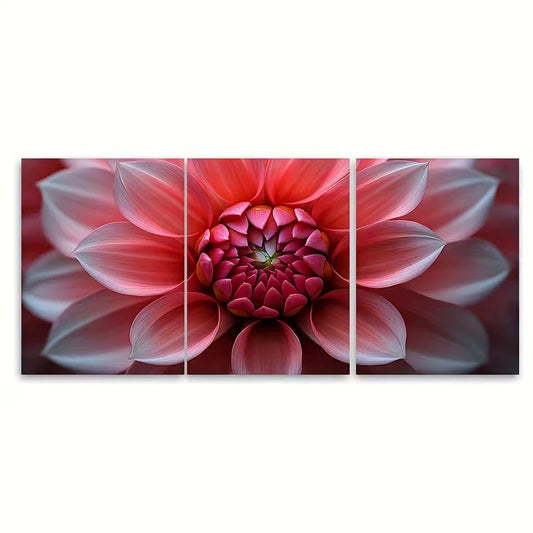 3pcs Light Red Pink Dahlia Floral Macro Metal Print Ready to Hang Art