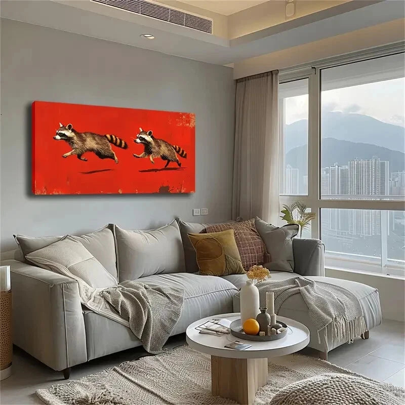 Two Playful Raccoons Vibrant Wall Art Canvas Office Home Room Framed 120x60cm - Bella Home Decor