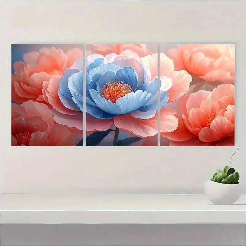 3pcs Pink and Blue Peony Petals Flower Art Metal Print Ready to Hang Art - Bella Home Decor