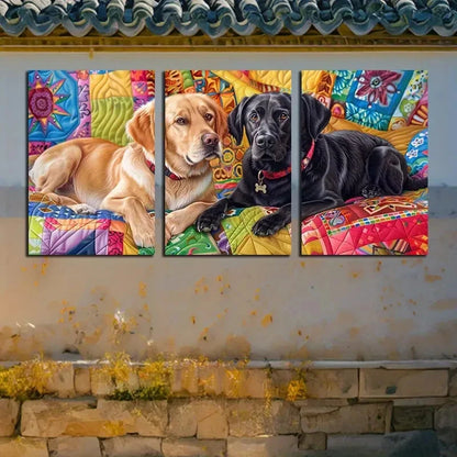 3pcs Vibrant Dogs on Quilted Bedroom Design Metal Print Ready to Hang Art